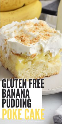 a close up of a piece of cake on a plate with bananas in the background