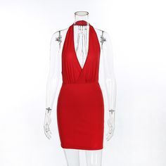 FREE SHIPPING !! V Neck Halter Open Low Back Metal Chain Dress JKP1039 Bodycon Halter Neck Dress For Club, Bodycon Halter Dress For Club, Stretch Halter Neck Backless Dress For Club, Stretch Halter Dress For Club, Fitted V-neck Halter Dress For Club, Sleeveless Stretch Elastane Backless Dress, Stretch Elastane Sleeveless Backless Dress, Fitted Red Halter Neck Backless Dress, Red Sleeveless Stretch Halter Dress