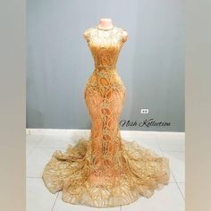 Lace Gown With Intricate Embroidery For Gala, Gold Lace Prom Gown, Lace Evening Dress With Intricate Embroidery For Gala, Glamorous Sleeveless Lace Wedding Dress, Lace Mermaid Hem Evening Gown, Lace Gown With Sweep Train And Mermaid Hem, Intricate Lace Embroidery Fitted Evening Dress, Luxury Lace Sleeveless Evening Dress, Gold Lace Floor-length Evening Dress