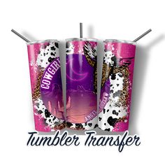 two pink tumblers with the words tumbler transferer on them and an image of a woman