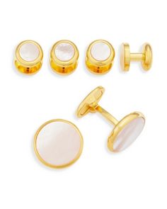 Link Up Gold-Tone Round White Mother-of-Pearl Stud & Cufflink Set Pearl Cufflinks, Cufflink Set, Link Up, Pearl Studs, Mother Of Pearl, Cufflinks, Gold Tones, Pick Up, In Store