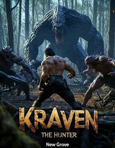 the movie kraven is shown with two men in front of an enormous creature