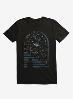 a black t - shirt with an image of a man looking at the stars