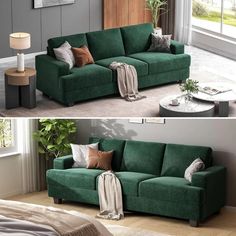 two pictures of a green couch in a living room with pillows and blankets on it