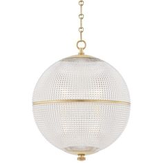 the large glass ball chandelier is hanging from a gold plated metal chain