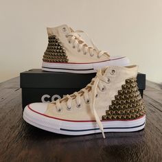 Studded Converse Shoes High Top Studded Shoes 2 Sides - Etsy Ivory Converse, Converse Shoes High Top, Upcycle Shoes, Studded Converse, Cute Converse Shoes, Cute Converse, Converse High Top, Sneakers Box, Studded Sneakers