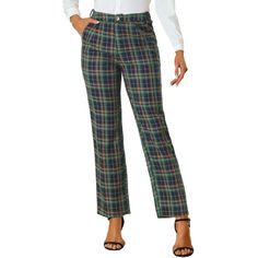 These pants are essential for dressing up or down. Lightweight fabric, covered in a plaid pattern, shapes these trendy trousers with a high-rise fit. How it is a bit high waist and how it gathers at the waist adding shape to the body. You may love everything about these trousers, from their regular fit to the elastic high-waist, which could double as a hiding mechanism for women with love handles. Style these trousers with a crop top and heels for the ultimate look. This fashionable and trendy c Chic Plaid Straight Leg Pants, Tailored Plaid Casual Bottoms, High Waist Plaid Pants For Fall, Tailored Casual Plaid Pants, Plaid High-waisted Pants For Business Casual, High-waisted Plaid Pants For Business Casual, Plaid Straight Pants For Office, Plaid Trousers For Office, Plaid Pants For Workwear