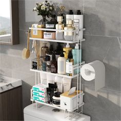 the bathroom shelf is organized with various items