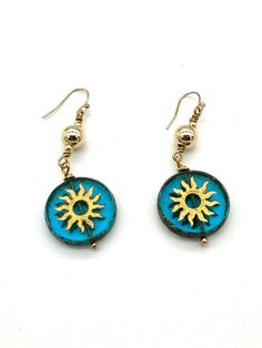 Blue Teal Sun Czech Earrings Czech Earrings, Blue Gold Earrings, Idaho Falls, Coin Earrings, Blue Teal, Idaho, Blue Gold, Jewelry Earrings Dangle, Gold Earrings