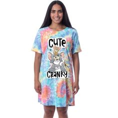 Tom and Jerry, the cartoon series features comic fights between an iconic pair of adversaries, a house cat (Tom) and a mouse (Jerry). The plots of each short usually center on Tom's numerous attempts to capture Jerry and the mayhem and destruction that follows. This pajama dress features Tom and Jerry in a fun drawn style with the words "Cute" and "Cranky." The dress features a classic crewneck neck, as well as a knee-length style. The pajama is a soft 100% cotton fabric blend. Tom Y Jerry, One Piece Clothing, Cartoon Series, House Cat, Pajama Dress, Crewneck Design, Women's Tie, One Piece Pajamas, Tom And Jerry