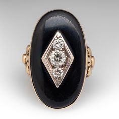 Antique Onyx & Old Euro Diamond Statement Ring 14K Yellow Gold Luxury Oval Black Enamel Rings, Black Enamel Ring With Polished Finish For Formal Occasions, Formal Black Enamel Ring With Polished Finish, Black Cabochon Signet Ring For Formal Occasions, Elegant Oval Black Enamel Ring, Formal Black Cabochon Signet Ring, Art Deco Rings With Oval Cabochon Polished Finish, Oval Black Enamel Diamond Jewelry, Formal Oval Enamel Ring With Black Enamel