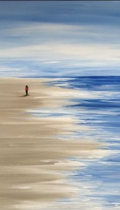 a painting of a person walking on the beach with blue water and clouds in the background