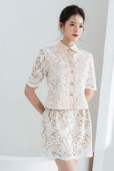 Wendy Straight Wavy Lace Mini Skirt | MEAN BLVD Chic Short Sleeve Scalloped Lace Top, Chic Scalloped Lace Short Sleeve Top, Elegant Beige Lace Dress With Scalloped Details, Elegant Beige Lace Dress With Scalloped Lace, Elegant Beige Scalloped Lace Dress, Spring Lace For Formal Occasions, Formal Scalloped Lace For Spring, Feminine Crochet Lace Dress, Elegant Short Sleeve Lace Dress With Delicate Details