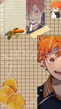 an anime character with orange slices in front of him and other characters around him on a grid background