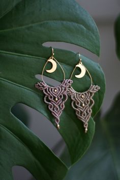 a pair of earrings sitting on top of a green leaf next to a potted plant