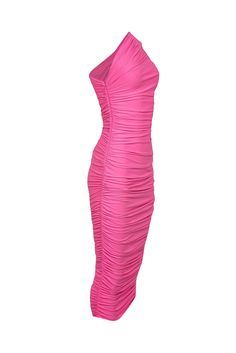 Make a bold statement with the playful "Amaya" midi dress from Solace London. The pretty pink color will add a feminine touch to your wardrobe, while the ruched jersey-crepe fabric and one-shoulder design give it an eye-catching look. Dress it up with sparkly heels and statement earrings for a glam ensemble. Size 2 95% Polyester, 5% Elastane Unlined Hidden side zipper One-shoulder design Pleated crepe fabric Midi length Bust 28" Waist (unstretched) 23" Shoulder to hem 54" Stretch Midi Dress With Ruched Bodice For Party, Stretch Midi Dress With Ruched Bodice, Spring Stretch Maxi Dress With Ruched Bodice, Ruched Stretch Midi Dress, Stretch Ruched Midi Dress, Ruched Stretch Knee-length Midi Dress, Stretch Ruched Knee-length Midi Dress, Spring Flirty Ruched Maxi Dress, Pink Dresses With Ruched Back