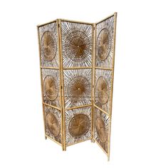 an intricately designed room divider made out of metal wire and wood, with four sections