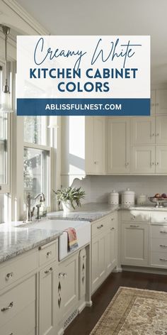 a kitchen with white cabinets and an area rug in front of the counter top that says, creamy white kitchen cabinet colors