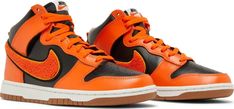 Elevate your sneaker game with these Nike Dunk High Retro sneakers featuring a colorblock design with an orange and black chenille swoosh. The high-top style, lace-up closure, and standard width offer a comfortable fit for everyday wear. These athletic shoes have a leather upper material and a fabric lining material, with a rubber outsole and cleat for added durability. Perfect for school, skateboarding, or basketball, these Nike Dunk High Retro sneakers have a University and Retro theme and are available in US shoe size 11 and UK shoe size 10.5. Add these stylish sneakers to your collection today! 59124 Orange Basketball Shoes, Nike Dunk High, Dunk High, Sneaker Games, Retro Sneakers, Nike Dunk, Stylish Sneakers, Nike Dunks, Basketball Shoes