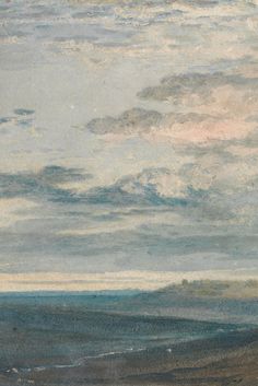 an image of a painting with clouds in the sky over water and land below it