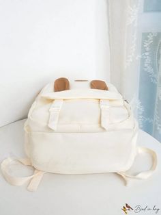 BirdinBag - Preppy White Backpack with Letter Patch and Front Pocket - Perfect for School Cute Rectangular Backpack For Daily Use, Cute Large Capacity Standard Backpack, Beige Canvas Bag For School, Cute Softback Shoulder Bag For Everyday Use, Cute Everyday Shoulder Bag With Softback, Cute Everyday Use Softback Shoulder Bag, Cute Everyday Softback Shoulder Bag, Cute Beige Rectangular Backpack, School Canvas Pouch With Adjustable Strap