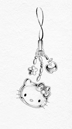 a drawing of a hello kitty keychain hanging from a chain with flowers on it