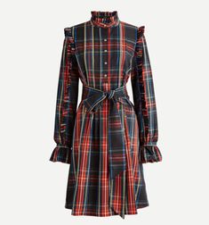 Great Shopping NWT J Crew Belted Ruffle Dress in Black Stewart Tartan Plaid Sz S AT597 $178, Stunning Womens Dresses Stewart Tartan, J Crew Dress, Tartan Dress, 80s Dress, Red Tartan, Printed Shift Dress, Festival Dress, White Striped Dress, Tartan Plaid