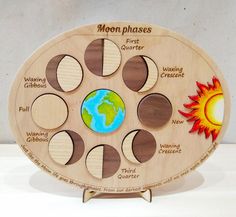 a wooden plate with phases of the moon and sun on it's side,