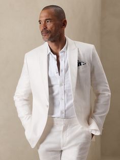 Tailored-Fit Pure Linen Tuxedo Suit Jacket | Banana Republic Factory White Linen Blazer With Notch Lapel, White Linen Semi-formal Suits, Summer Linen Business Suits, Summer Linen Blazer With Welt Pockets, White Linen Blazer With Single Button, White Linen Blazer With Lapel Collar, Tailored Linen Summer Blazer, White Single Button Linen Blazer, White Single-breasted Linen Blazer