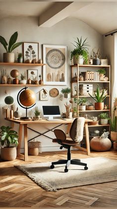 a home office with lots of plants and pictures on the wall