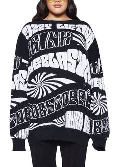 Oversized Jacquard Knit Crew Neck Sweatshirt, Streetwear Cotton Jacquard Knit Sweatshirt, Oversized Trendy Sweater With Graphic Print, Trendy Oversized Sweater With Graphic Print, Trippy Outfits Style, Trippy Outfits, Trippy Clothing, Everlasting Gobstopper, Word Graphics