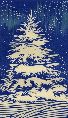 a blue and white drawing of a christmas tree