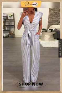 Fashion Belt Backless V Neck Stripe Jumpsuit Striped V-neck Jumpsuits And Rompers For Summer, Striped V-neck Jumpsuits For Vacation, Trendy Striped Jumpsuits And Rompers For Summer, Trendy White V-neck Jumpsuits And Rompers, Fitted V-neck Jumpsuits And Rompers For Summer, Summer V-neck Fitted Jumpsuits And Rompers, Elegant Striped Sleeveless Jumpsuits And Rompers, Striped Jumpsuits And Rompers For Summer Workwear, Chic Striped Jumpsuits And Rompers For Summer