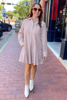 A Great Fall Striped Burgundy Dress - Lyla's: Clothing, Decor & More - Plano Boutique Fall Stripes, Great Falls, Ootd Style, Burgundy Dress, Loungewear Sets, Drop Waist, Clothes Gift, Striped Long Sleeve, Fall Fashion