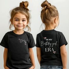 Celebrate your child's special day in style with I Got You Mom's customized "In My Birthday Girl Era" T-Shirt for Kids! This personalized birthday shirt is perfect for making your little one feel like a superstar on their big day. Featuring your child's name and age proudly displayed on the front, and "In My Birthday Girl Era" on the back, this adorable tee is designed to create unforgettable birthday memories. * Key Features:  Personalized Design: Add your child's name and age to the front of t First Birthday Name Print Top, Kid Birthday Outfits, 5th Birthday Girls, Personalized Birthday Shirts, Unique Birthday Gift, Birthday Girl Shirt, Special Girl, Unique Birthday Gifts, Girl Shirt