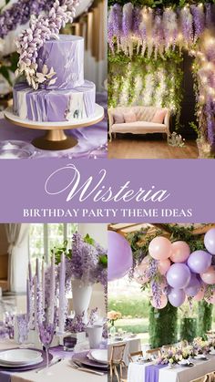 a purple and white birthday party with balloons