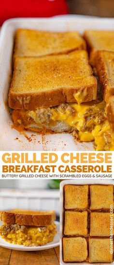 grilled cheese breakfast casserole is cut in half and served on a plate