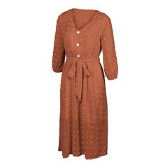 Brown 1/2 Sleeve Button Down V Neck Casual Dress Solid V-neck Midi Dress With Button Closure, Fall V-neck Midi Dress With Button Closure, Solid V-neck Dress With Buttons, Brown Midi Dress With Button Closure For Spring, Spring Brown Midi Dress With Button Closure, Brown V-neck Midi Dress With Buttons, V-neck Midi Dress With Button Closure, Solid V-neck Dress With Button Cuffs, Brown Button-up Dress With Button Cuffs