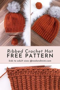 the ribbed crochet hat is free pattern and it has two pom - poms