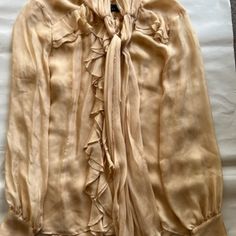 Beautiful Silk Blouse Tan In Color, Excellent Condition !!! Never Worn Silk Size 8 Long Sleeve Chiffon Blouse For Daywear, Silk Office Blouse With Ruffles, Fall Silk Blouse With Ruffles, Elegant Spring Tie Neck Blouse, Fitted Long Sleeve Silk Chiffon Top, Chic Formal Chiffon Blouse, Fitted Long Sleeve Silk Chiffon Blouse, Long Sleeve Silk Chiffon Tops For Party, Fall Season Formal Chiffon Blouse