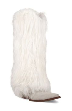 This over-the-knee boot playfully mixes Western-inspired sensibilities with fluffy faux fur for a bold contrast that kicks up style. 2 1/2" heel 18" shaft; 16" calf circumference Pull-on style Cushioned footbed with arch support Leather and faux-fur upper/textile lining/synthetic sole Imported White Faux Fur Trimmed Boots, White Boots With Faux Fur Lining, Fluffy Boots, Fuzzy Boots, Western Boots Women, Knee Boot, Western Boot, Anniversary Sale, Western Boots