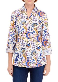 Covered in a detailed paisley print, this button-down shirt from Kim Rogers is fixed with a preppy-chic collar. | Kim Rogers Women's Long Sleeve Printed Collared Button Down Shirt, X-Large Casual White Shirt With Paisley Print, Long Sleeve Paisley Print Shirt For Spring, Spring Casual Shirt With Paisley Print, Casual Paisley Print Shirt For Spring, Casual Paisley Print Shirt For Fall, Casual Fall Paisley Print Shirt, Summer Button-up Tops With Paisley Print, Summer Paisley Print Button-up Top, Fall Paisley Print Top With Relaxed Fit