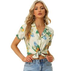 Allegra K Women's Hawaiian Floral Leaves Printed Short Sleeve Button Down Vintage Shirt Beige Large Hawaiian Shirt Outfit Women, Hawaiian Shirt Outfit, Floral Leaves, Mock Neck Blouse, Shirts Short Sleeve, Gardening Outfit, Hawaiian Outfit, Woven Top, Hawaiian Shirts