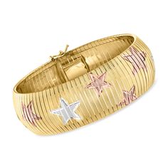 Ross-Simons - Italian Tri-Colored Sterling Silver Omega Star Bracelet. 7". Here's a bracelet that'll bring you straight to fame! The astronomically noticeable omega bracelet glitters in 18kt yellow gold over sterling silver with sterling silver and 18kt rose gold over sterling silver stars shining throughout. Enhanced with textured and polished finishes. Made in Italy. Includes a figure 8 safety. Box clasp, tri-colored sterling silver omega star bracelet. Omega Bracelet, Safety Box, Fine Jewelery, Figure 8, Box Clasp, Star Bracelet, Silver Stars, Tri Color, Gold Color