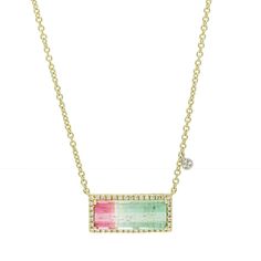 This Meira T Watermelon Tourmaline Diamond Necklace In 14k Yellow Gold Is A Beautiful, Elegant Piece Perfect For Layering Or Wearing Alone. The Necklace Features A Watermelon Tourmaline Stone Set In 14k Yellow Gold, Accented By A Delicate Row Of Diamonds For Added Sparkle. The Watermelon Tourmaline Stone Showcases A Beautiful Blend Of Pink And Green Hues, Creating A Unique And Eye-Catching Centerpiece. The Diamonds On The Necklace Add A Touch Of Elegance And Sophistication, Catching The Light Be Mother Of Pearl Rose, White Topaz Necklace, Diamond Charm Necklace, Diamond Initial Necklace, Diamond Tennis Necklace, Diamond Evil Eye, Rose Gold Charms, Topaz Necklace, Blue Sapphire Diamond