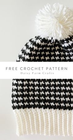 a black and white knitted beanie with the text free crochet pattern