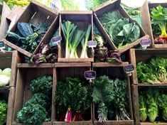 many different types of vegetables in wooden crates