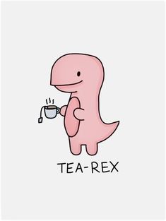 a pink dinosaur drinking tea from a cup