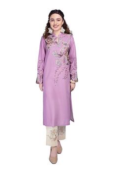 Nishat Linen PW21-46 Ready to Wear Winter 2021 Purple Straight Kurta Set For Spring, Festive Purple Palazzo Set With Long Sleeves, Purple Long Sleeve Palazzo Set For Festive Occasion, Festive Purple Long Sleeve Palazzo Set, Festive Long Sleeve Purple Palazzo Set, Festive Spring Unstitched Straight Kurta Suit, Festive Spring Unstitched Suit With Straight Kurta, Purple Straight Kurta With Dabka Details, Purple Long Sleeve Palazzo Set With Resham Embroidery