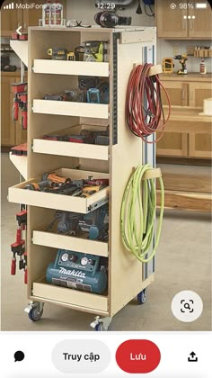 a workbench with various tools on it in a garage